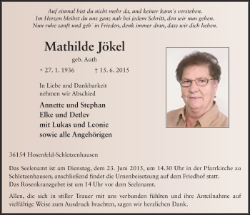 Traueranzeige von Mathilde Jökel 