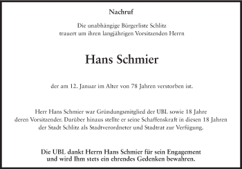 Traueranzeige von Hans Schmier 