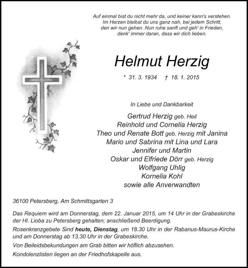  Traueranzeige für Helmut Herzig vom 20.01.2015 aus 