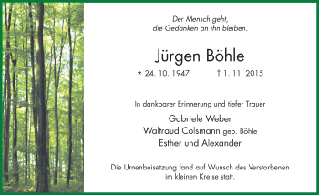 Traueranzeige von Jürgen Böhle 