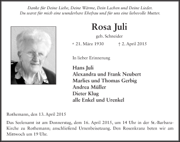 Traueranzeige von Rosa Juli 