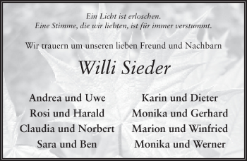 Traueranzeige von Willi Sieder 