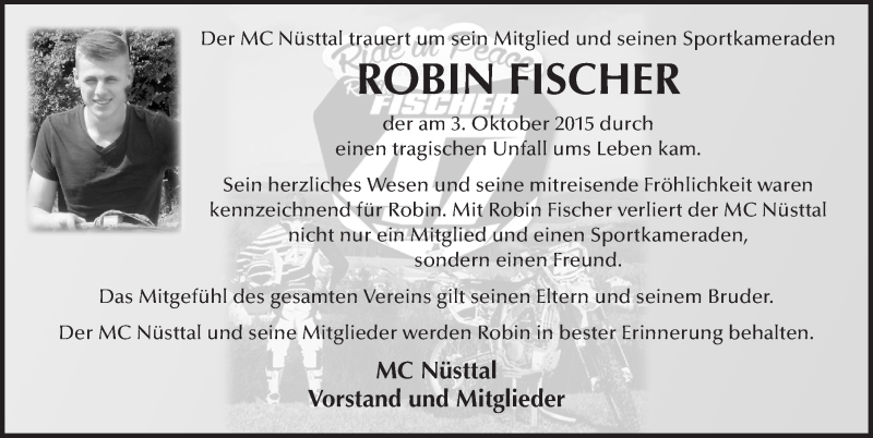  Traueranzeige für Robin Fischer vom 09.10.2015 aus 