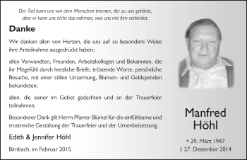 Traueranzeige von Manfred Höhl 