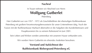 Traueranzeige von Wolfgang Gutberlet 