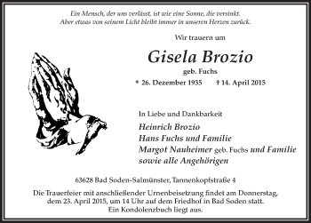 Traueranzeige von Gisela Brozio 