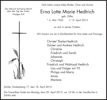 Traueranzeige von Erna Lotte Marie Hedtrich 