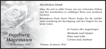 Traueranzeige von Ingeburg Hagemann 