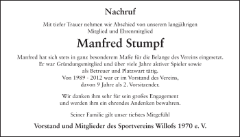 Traueranzeige von Manfred Stumpf 