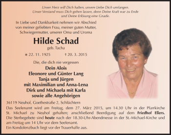 Traueranzeige von Hilde Schad 