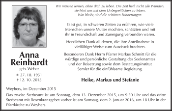 Traueranzeige von Anna Reinhardt 