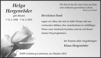 Traueranzeige von Helga Hergenröder 