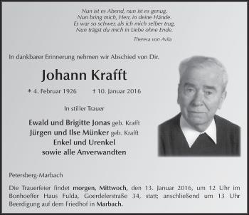 Traueranzeige von Johann Krafft 