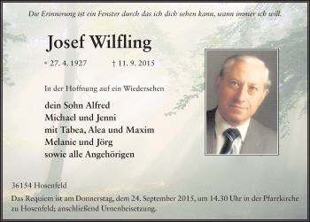 Traueranzeige von Josef Wilfling 