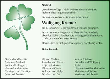 Traueranzeige von Wolfgang Kremer 