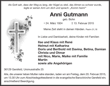 Traueranzeige von Anni Gutmann 