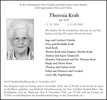 Traueranzeige von Theresia Krah 