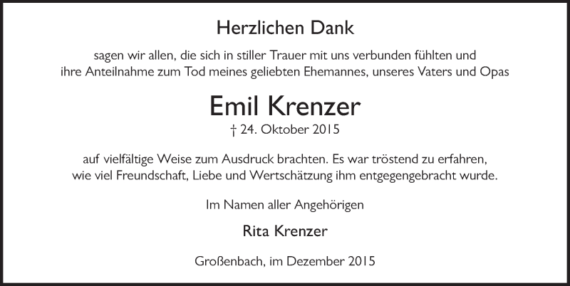  Traueranzeige für Emil Krenzer vom 04.12.2015 aus 