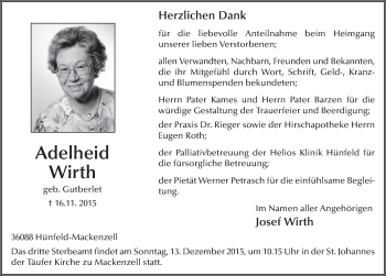 Traueranzeige von Adelheid Wirth 
