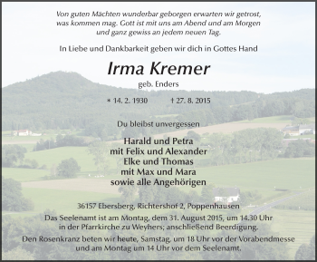 Traueranzeige von Irma Kremer 