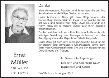 Traueranzeige von Ernst Müller 