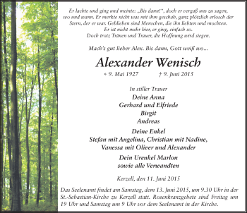 Traueranzeige von Alexander Wenisch 