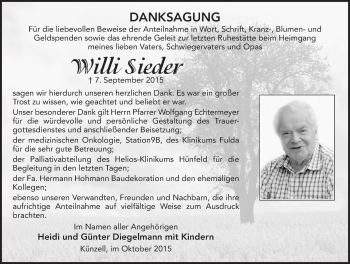 Traueranzeige von Willi Sieder 