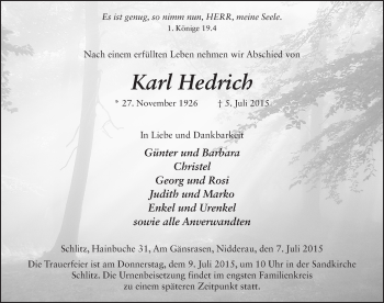 Traueranzeige von Karl Hedrich 