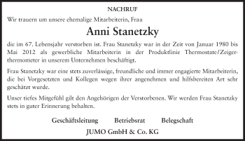 Traueranzeige von Anni Stanetzky 
