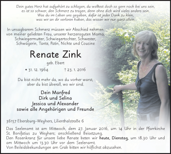 Traueranzeige von Renate Zink 