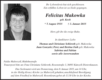 Traueranzeige von Felicitas Makowka 