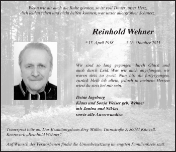 Traueranzeige von Reinhold Wehner 