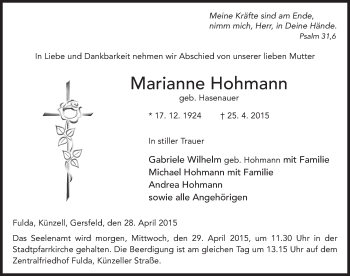 Traueranzeige von Marianne Hohmann 