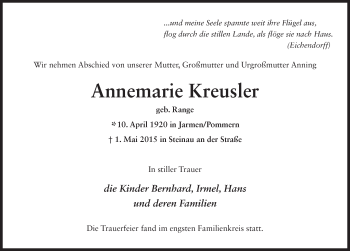 Traueranzeige von Annemarie Kreusler 