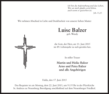 Traueranzeige von Luise Balzer 