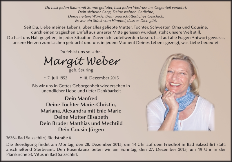  Traueranzeige für Margit Weber vom 22.12.2015 aus 