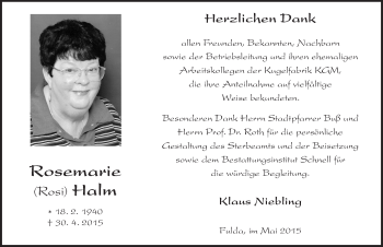 Traueranzeige von Rosemarie Halm 