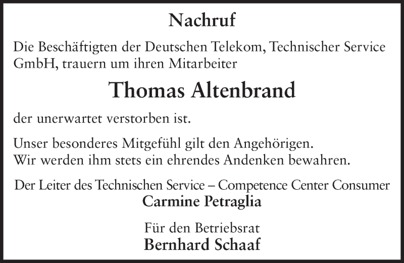  Traueranzeige für Thomas Altenbrand vom 07.11.2015 aus 