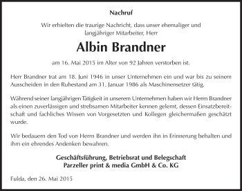 Traueranzeige von Albin Brandner 