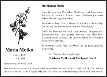 Traueranzeige von Maria Metko 