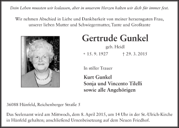 Traueranzeige von Gertrude Gunkel 