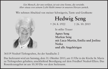 Traueranzeige von Hedwig Seng 
