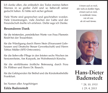 Traueranzeige von Hans-Dieter Badenstedt 