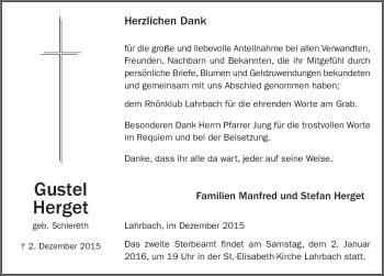 Traueranzeige von Gustel Herget 