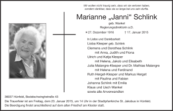 Traueranzeige von Marianne Schlink 