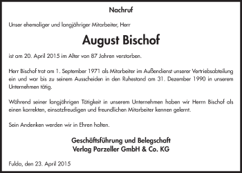 Traueranzeige von August Bischof 