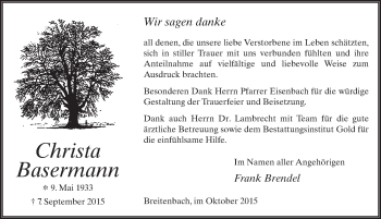 Traueranzeige von Christa Basermann 