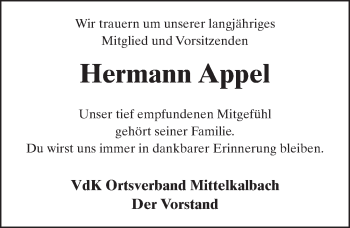 Traueranzeige von Hermann Appel 