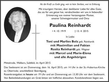 Traueranzeige von Paulina Reinhardt 