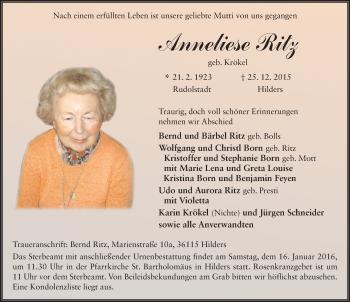 Traueranzeige von Anneliese Ritz 
